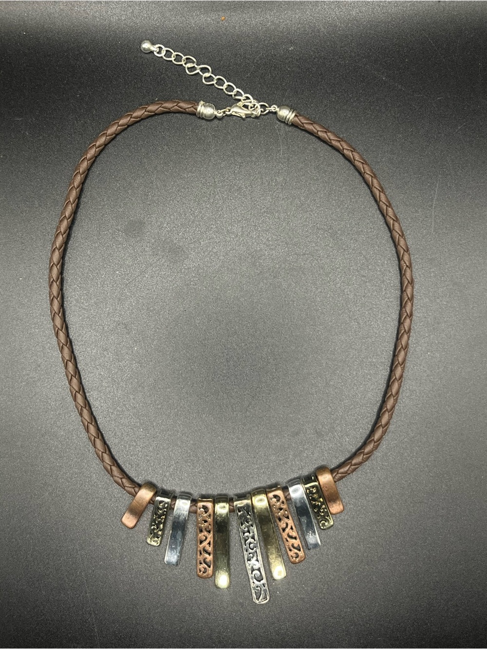 Brown Braided Leather Necklace with Mixed Metal Accents